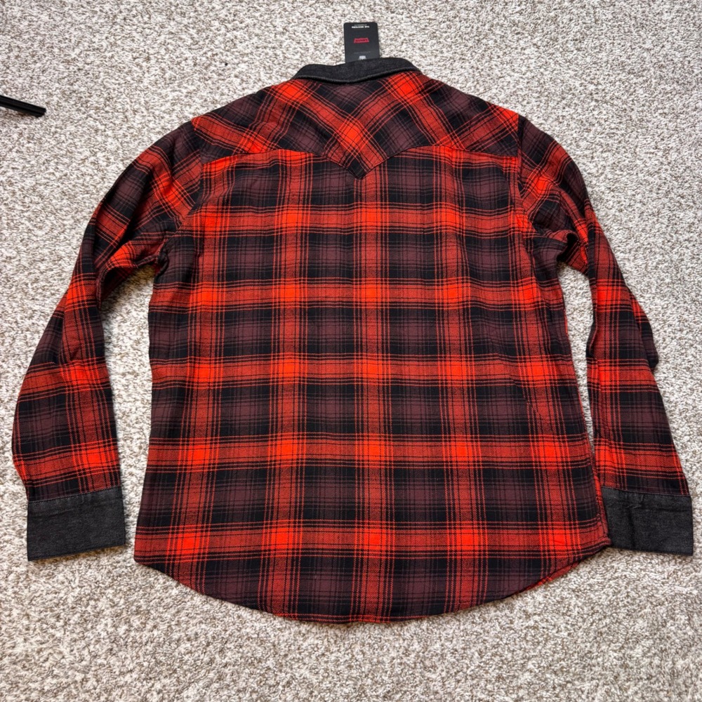 Levi Strauss Large Red Black Plaid Western Standard Fit Flannel Shirt Pearl Snap - Picture 7 of 7